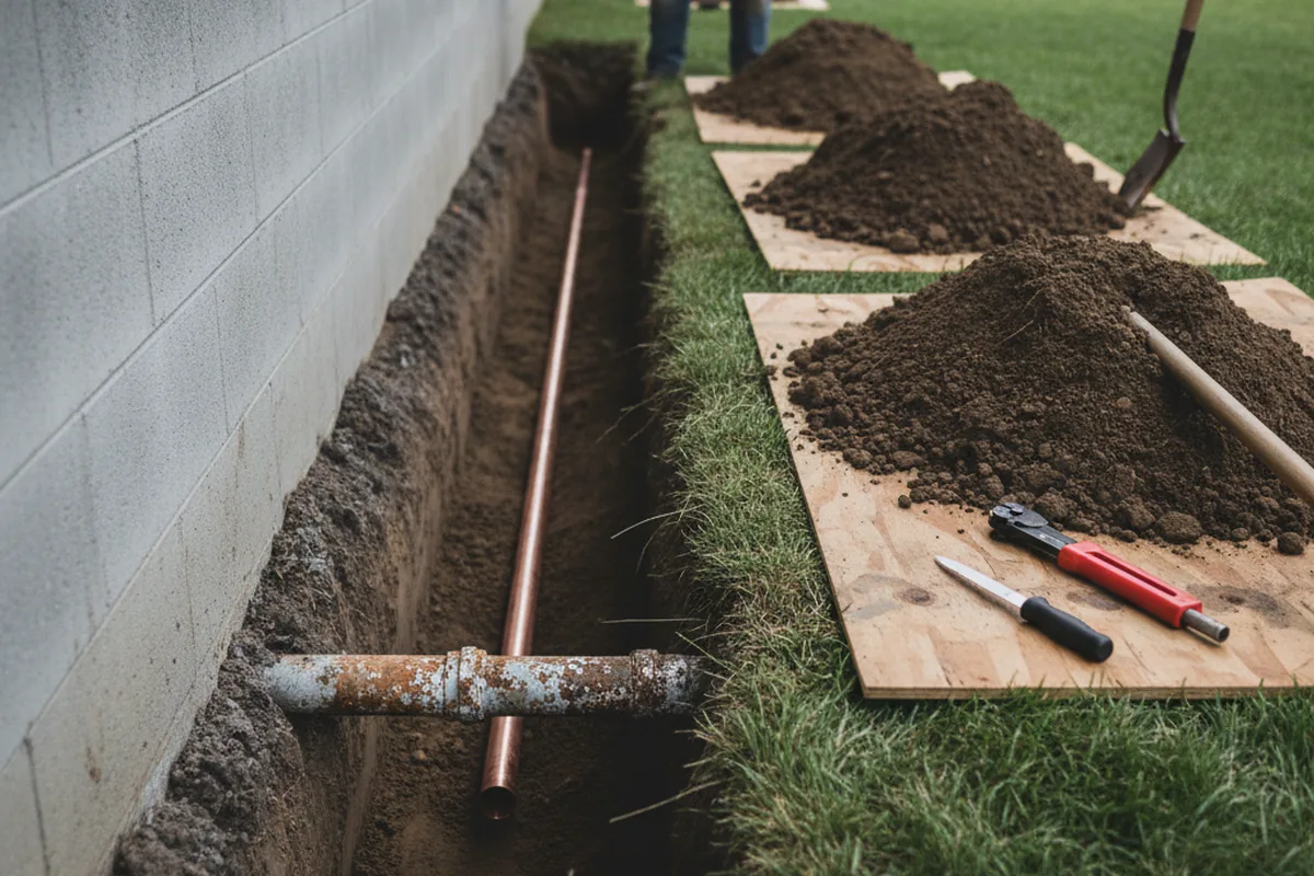 Excavated water line trench during Water Softener Installation in Isleton